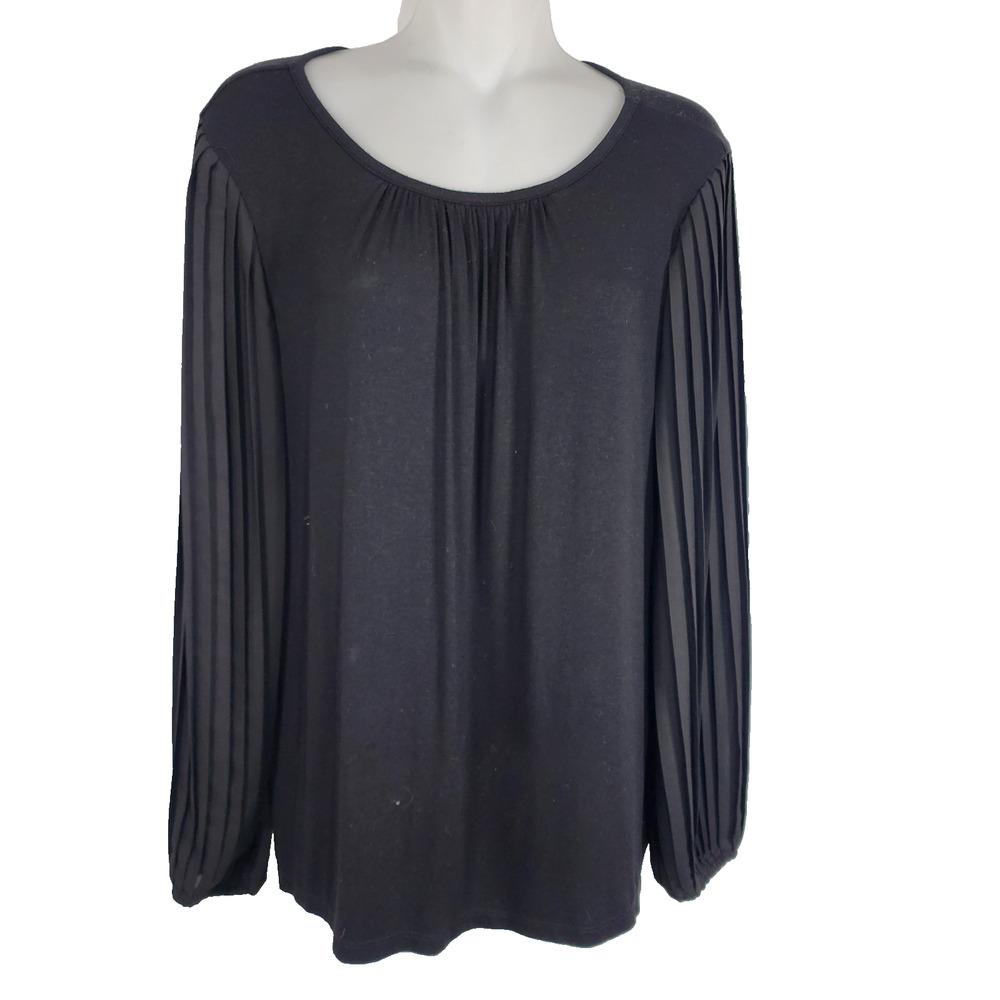 Talbots Petite Womens Pleated Long Sleeve Crewneck Top Large Petite Blouse Black
